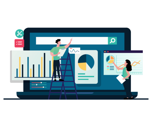 Illustration of two people analyzing data charts on a large computer screen, with one on a ladder pointing at a graph and the other holding documents.