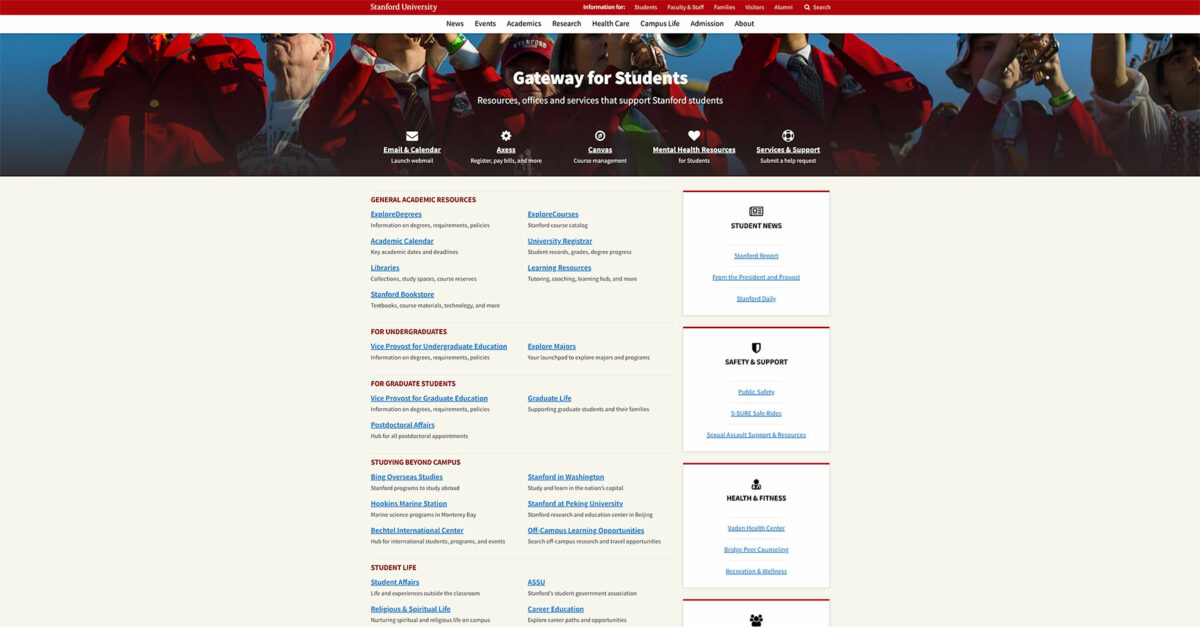 Screenshot of Stanford University site